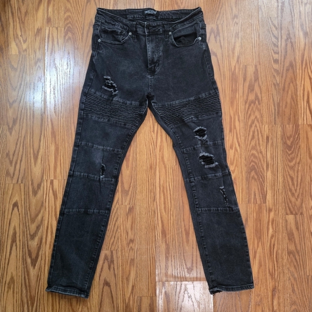 *SOLD* Smoke & Ash Mens 32x31 Black Moto Jeans Distressed Skinny